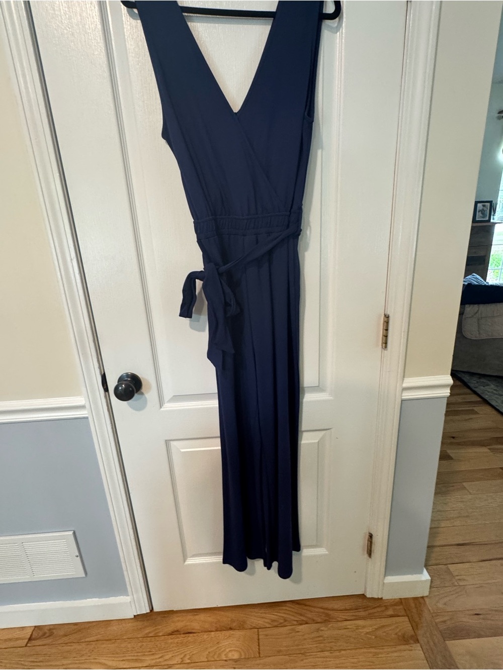 Sleeveless Navy Wrap Jumpsuit with Waist Tie